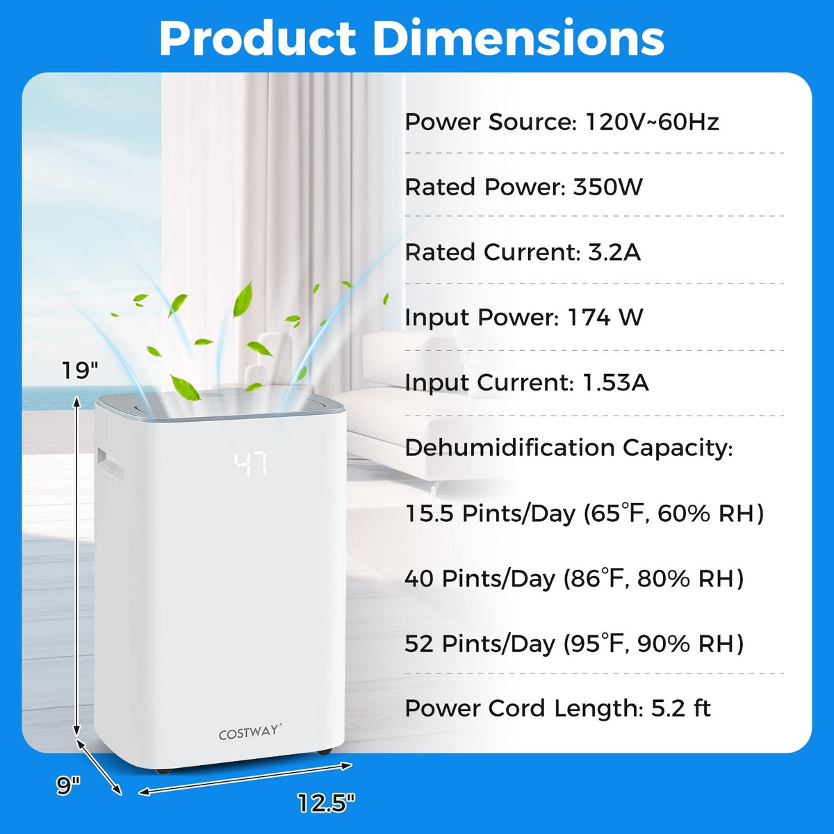 Dehumidifier with Auto Drain or Manual Drainage for Home Basement-White view 3