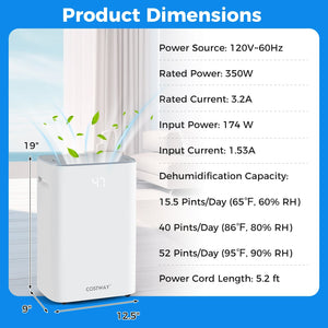 Dehumidifier with Auto Drain or Manual Drainage for Home Basement-White view 3