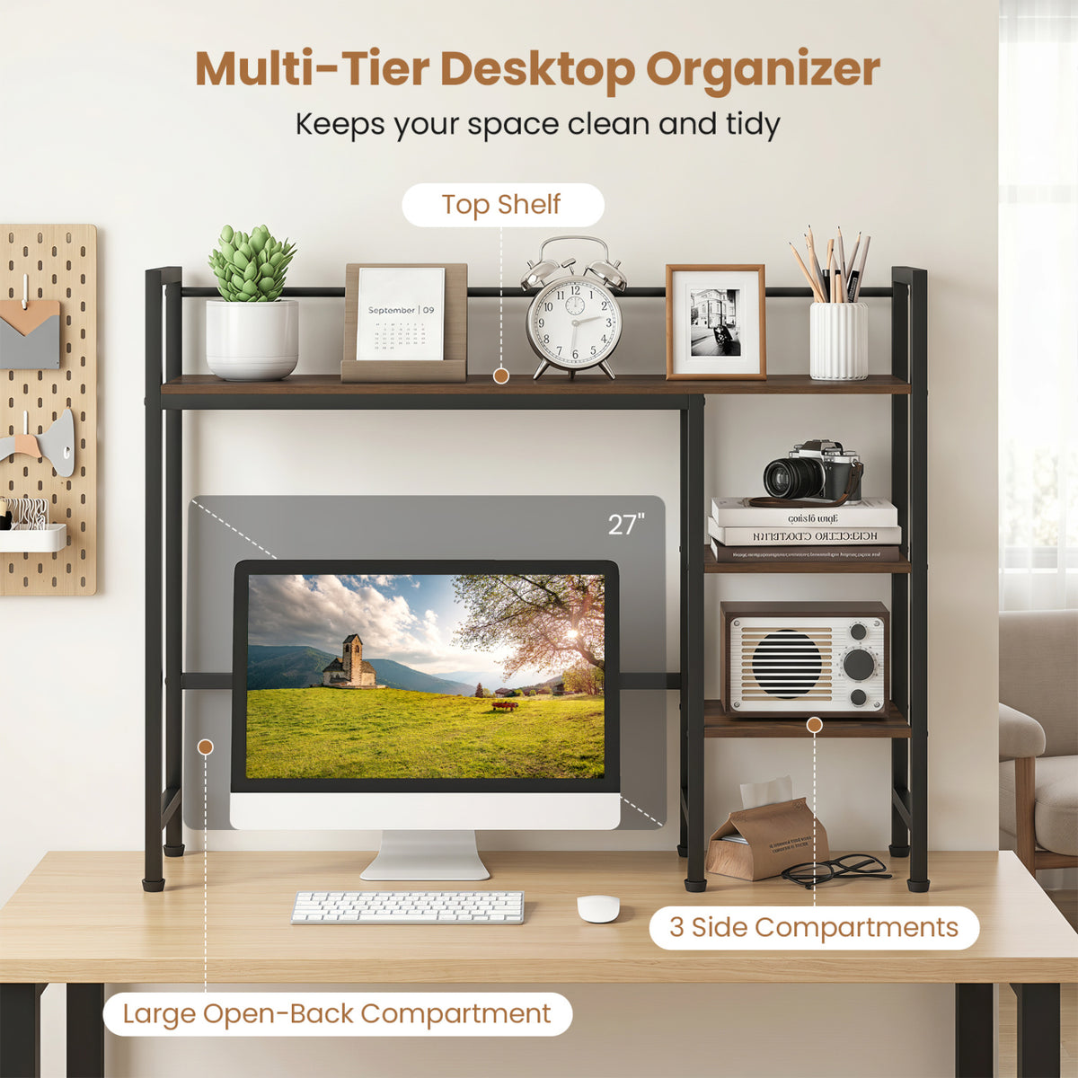 Desktop Bookshelf 38.5 inches W with Storage Display Rack for Home Office-Rustic Brown view 9