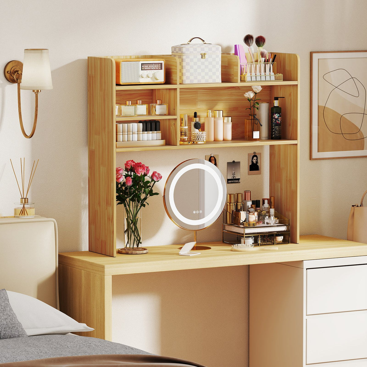 Desktop Bookshelf Countertop Storage Hutch with 6 Shelves-Beige view 2