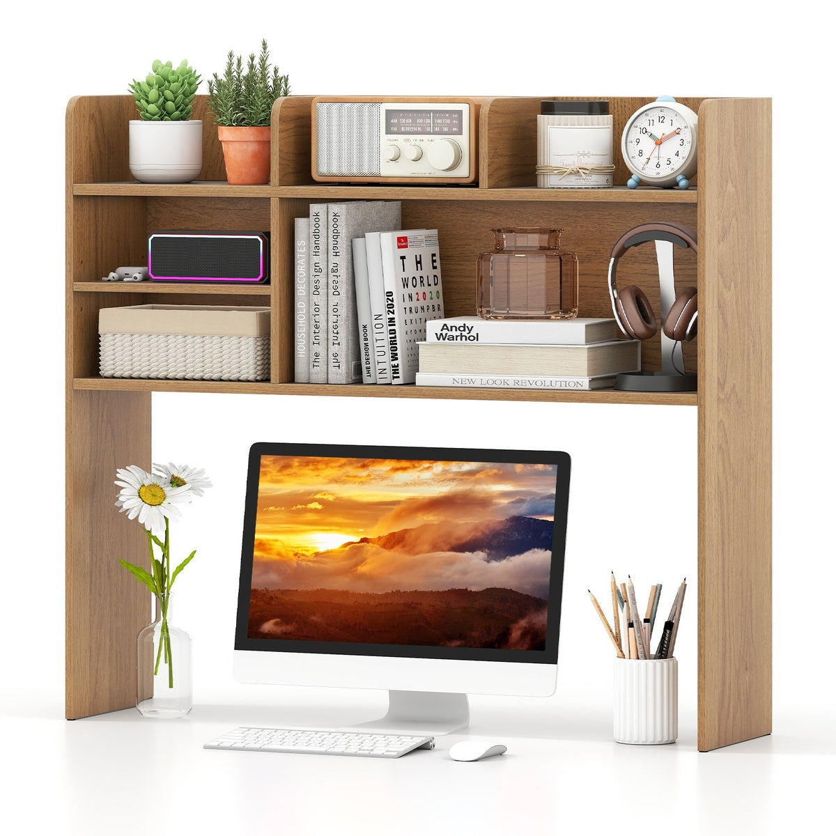 Desktop Bookshelf Countertop Storage Hutch with 6 Shelves-Natural view 4