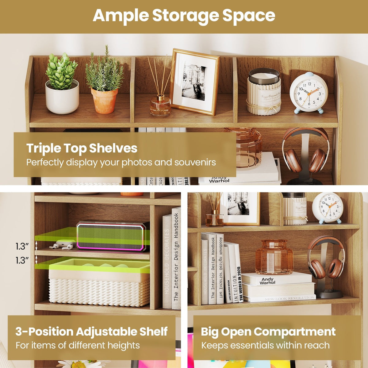 Desktop Bookshelf Countertop Storage Hutch with 6 Shelves-Natural view 9