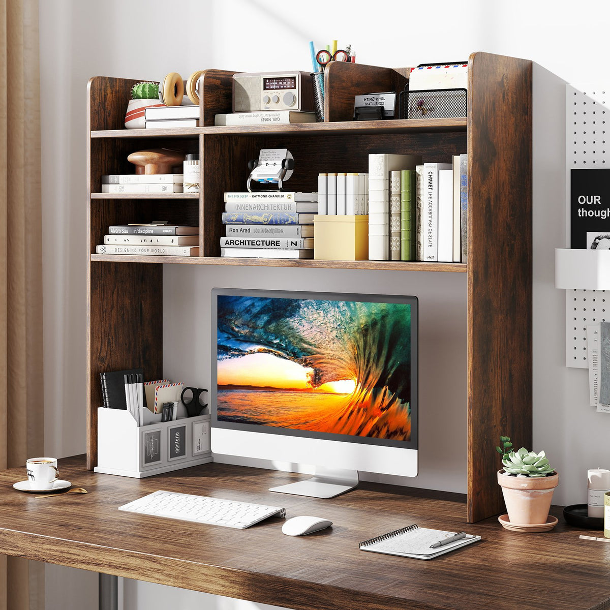 Desktop Bookshelf Countertop Storage Hutch with 6 Shelves-Rustic Brown view 3