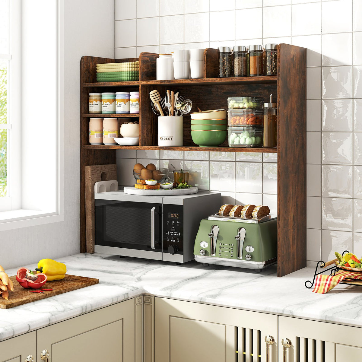 Desktop Bookshelf Countertop Storage Hutch with 6 Shelves-Rustic Brown view 6