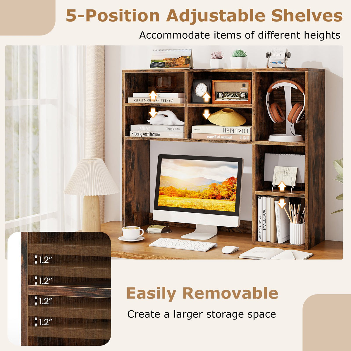 Desktop Bookshelf with 7 Open Cubbies and 3 Adjustable Shelves-Brown view 9