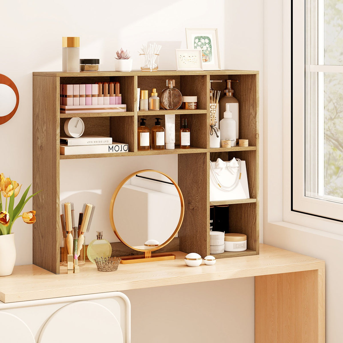 Desktop Bookshelf with 7 Open Cubbies and 3 Adjustable Shelves-Natural view 2
