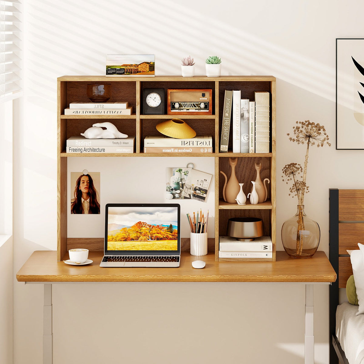 Desktop Bookshelf with 7 Open Cubbies and 3 Adjustable Shelves-Natural view 3