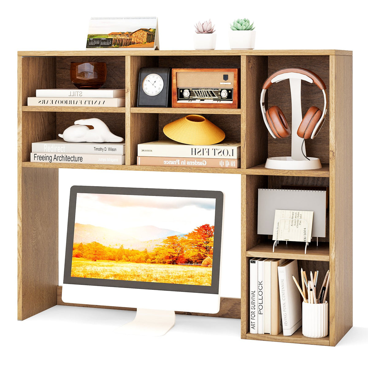 Desktop Bookshelf with 7 Open Cubbies and 3 Adjustable Shelves-Natural view 4