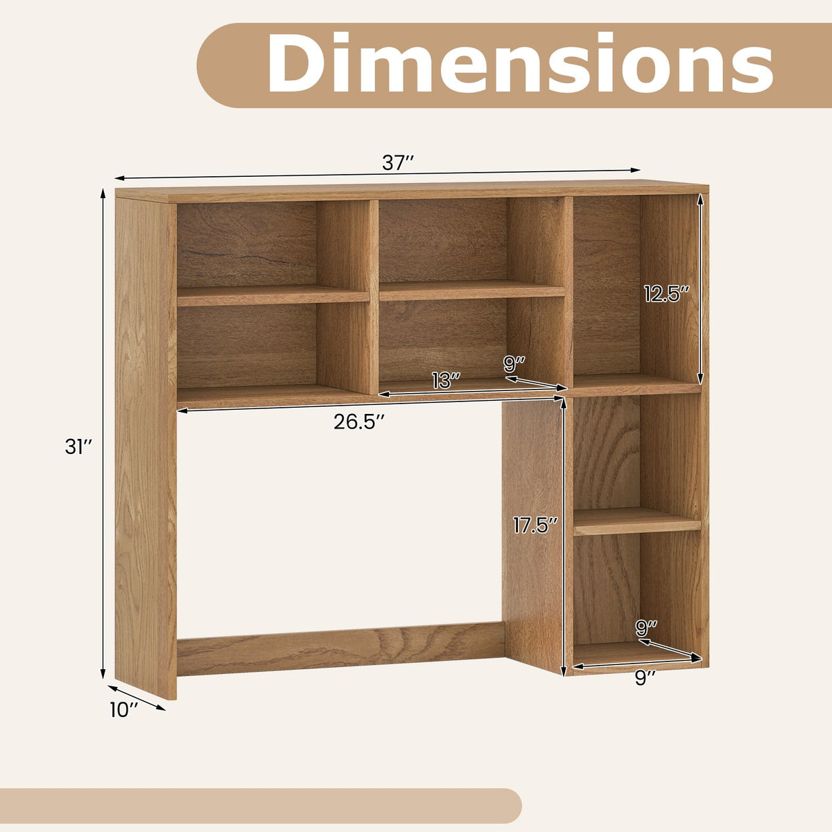 Desktop Bookshelf with 7 Open Cubbies and 3 Adjustable Shelves-Natural view 5