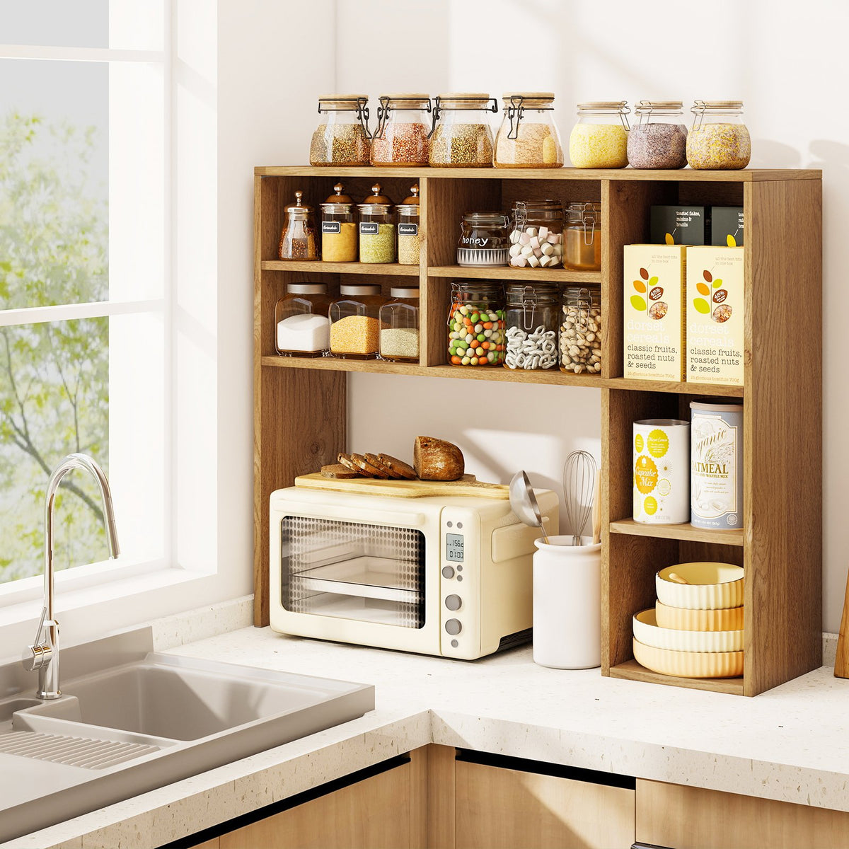 Desktop Bookshelf with 7 Open Cubbies and 3 Adjustable Shelves-Natural view 7