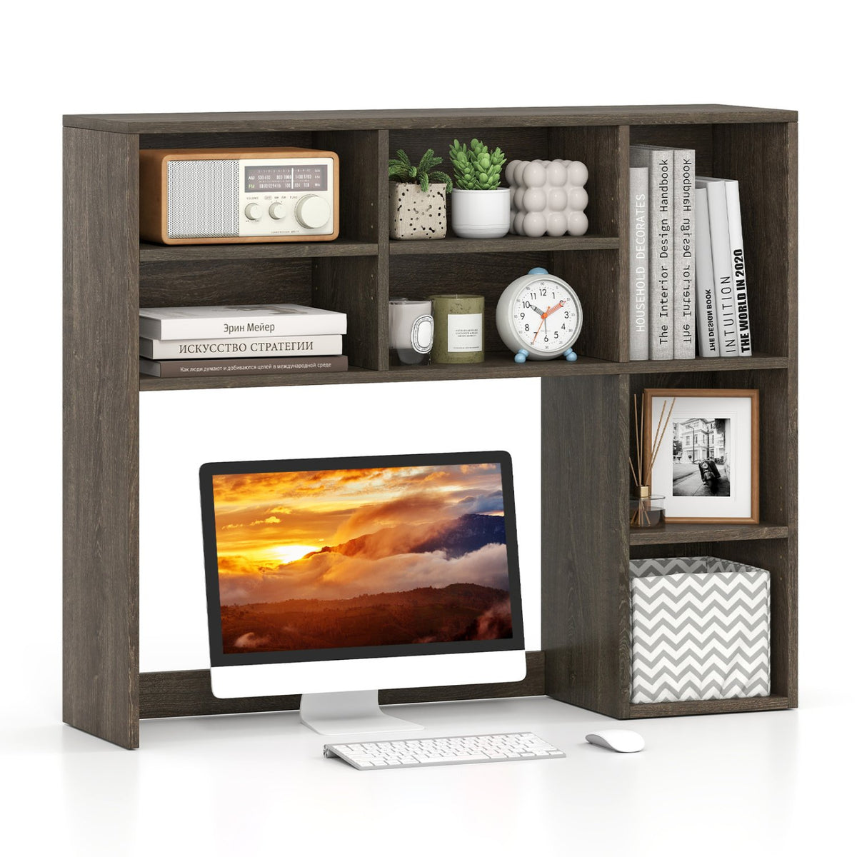 Desktop Bookshelf with 7 Open Cubbies and 3 Adjustable Shelves-Oak view 2