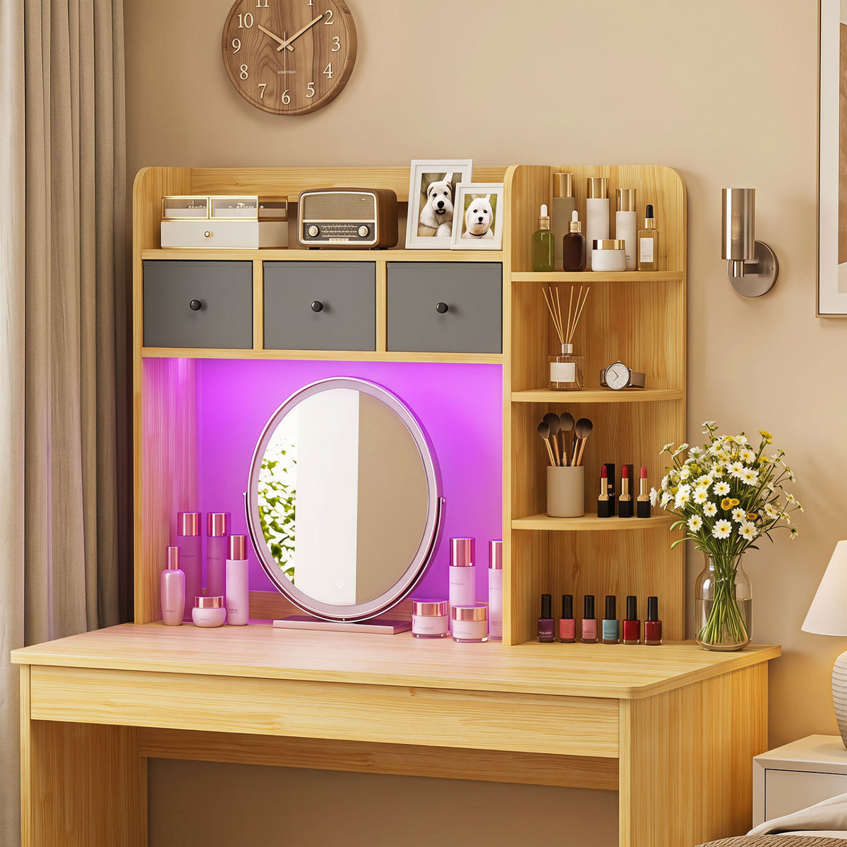 Desktop Bookshelf with LED Lights 5-Tier Shelves and 3 Drawers for Home Officce-Brown view 2