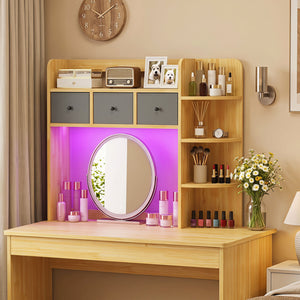 Desktop Bookshelf with LED Lights 5-Tier Shelves and 3 Drawers for Home Officce-Brown view 2