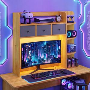 Desktop Bookshelf with LED Lights 5-Tier Shelves and 3 Drawers for Home Officce-Brown view 3