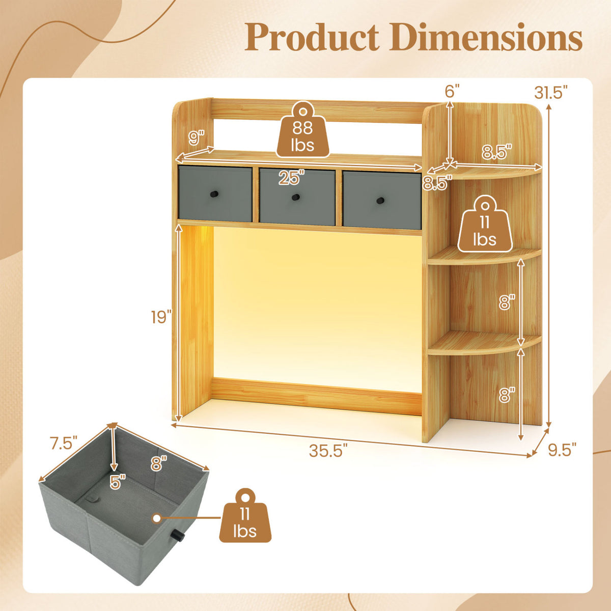 Desktop Bookshelf with LED Lights 5-Tier Shelves and 3 Drawers for Home Officce-Brown view 5