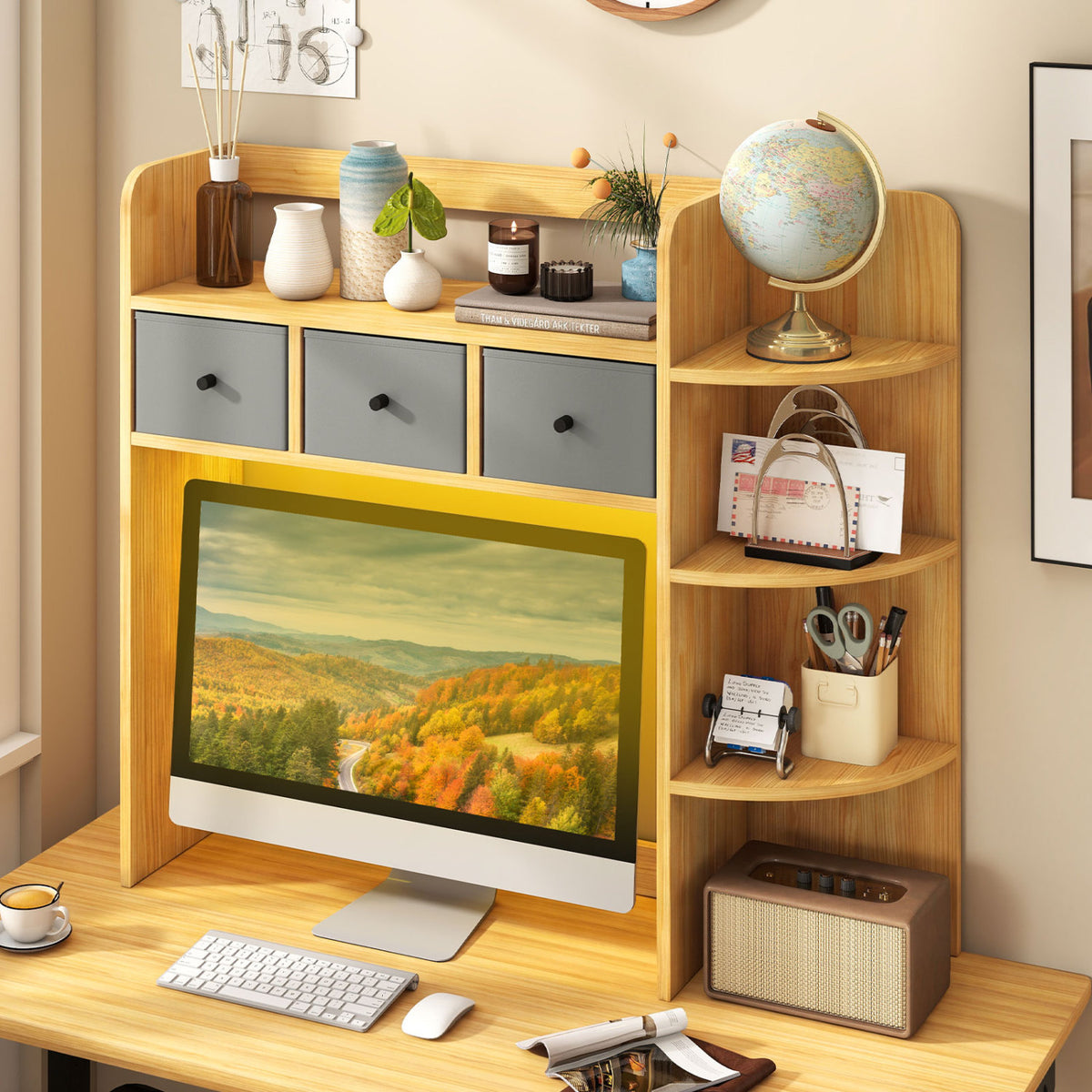 Desktop Bookshelf with LED Lights 5-Tier Shelves and 3 Drawers for Home Officce-Brown view 6