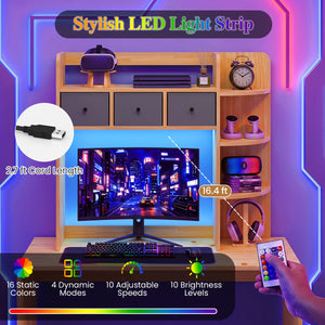 Desktop Bookshelf with LED Lights 5-Tier Shelves and 3 Drawers for Home Officce-Brown view 8
