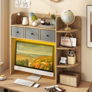 Desktop Bookshelf with LED Lights 5-Tier Shelves and 3 Drawers for Home Officce-Natural view 2