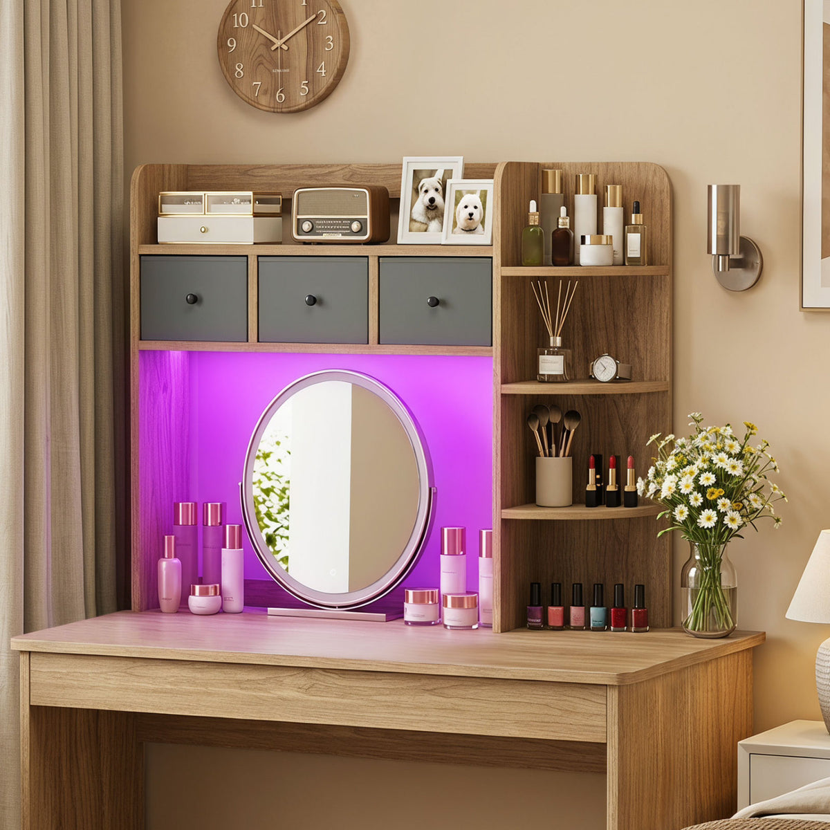 Desktop Bookshelf with LED Lights 5-Tier Shelves and 3 Drawers for Home Officce-Natural view 3