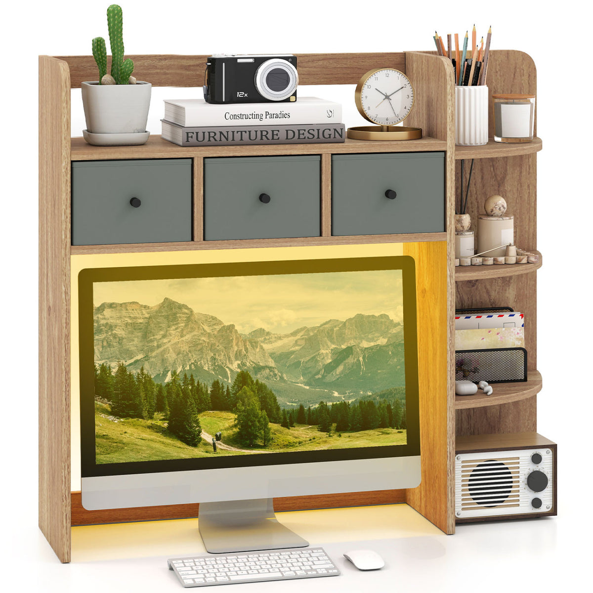 Desktop Bookshelf with LED Lights 5-Tier Shelves and 3 Drawers for Home Officce-Natural view 4