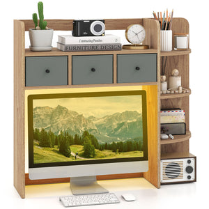 Desktop Bookshelf with LED Lights 5-Tier Shelves and 3 Drawers for Home Officce-Natural view 4