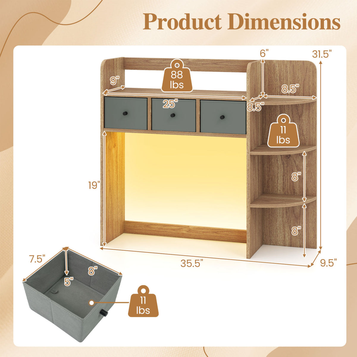 Desktop Bookshelf with LED Lights 5-Tier Shelves and 3 Drawers for Home Officce-Natural view 5