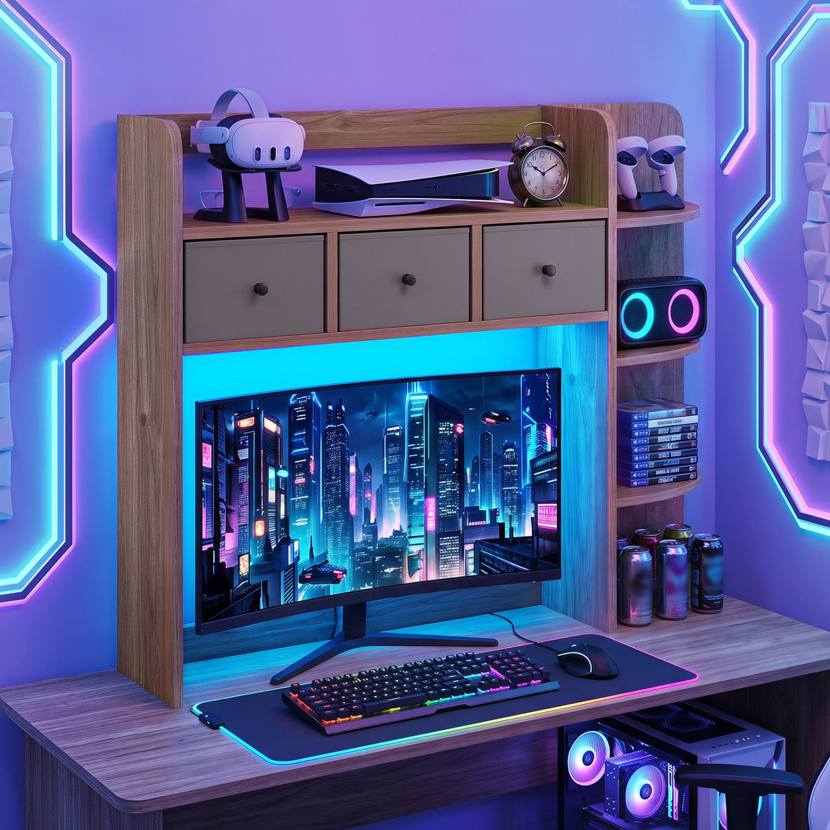 Desktop Bookshelf with LED Lights 5-Tier Shelves and 3 Drawers for Home Officce-Natural view 6