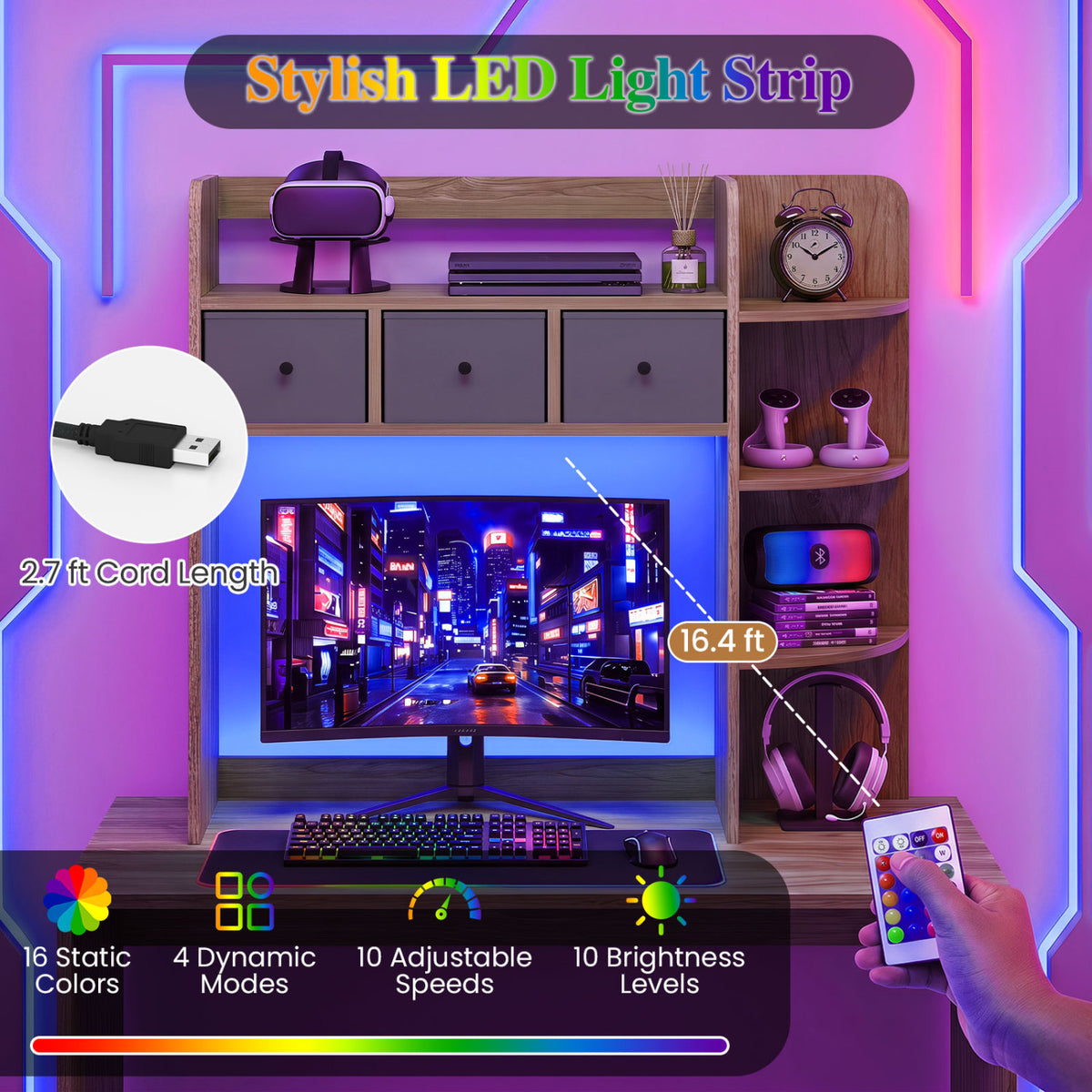 Desktop Bookshelf with LED Lights 5-Tier Shelves and 3 Drawers for Home Officce-Natural view 8