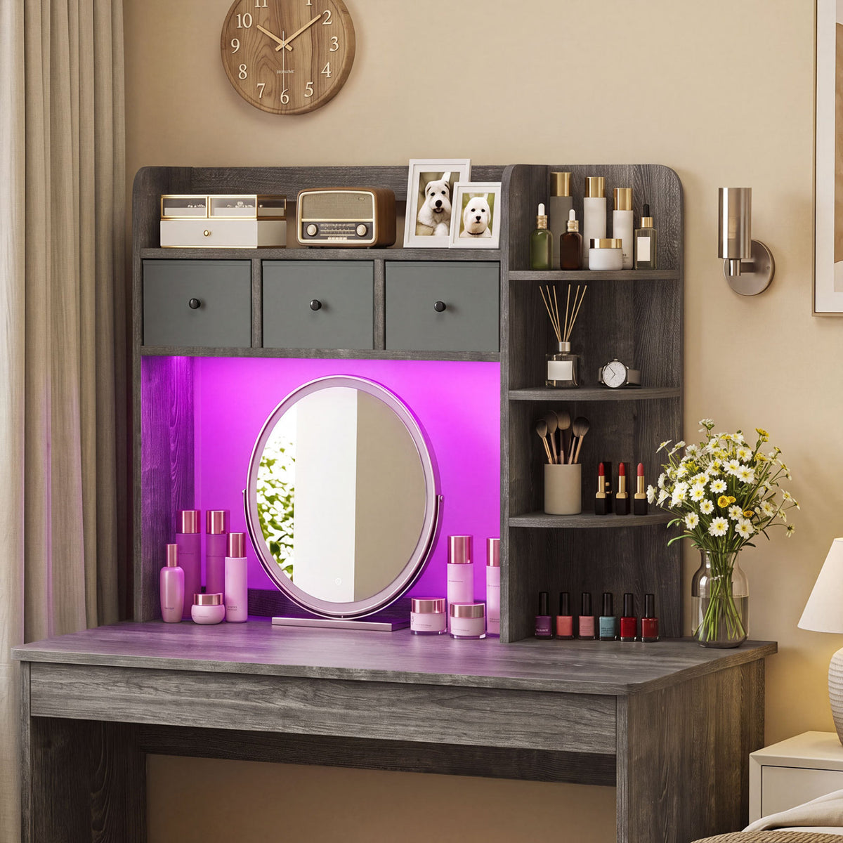 Desktop Bookshelf with LED Lights 5-Tier Shelves and 3 Drawers for Home Officce-Oak Gray view 2
