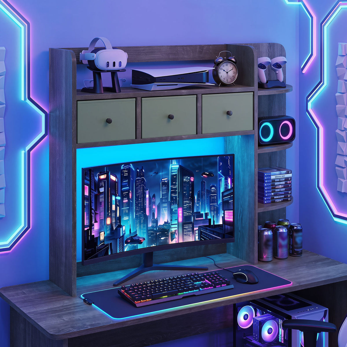 Desktop Bookshelf with LED Lights 5-Tier Shelves and 3 Drawers for Home Officce-Oak Gray view 3