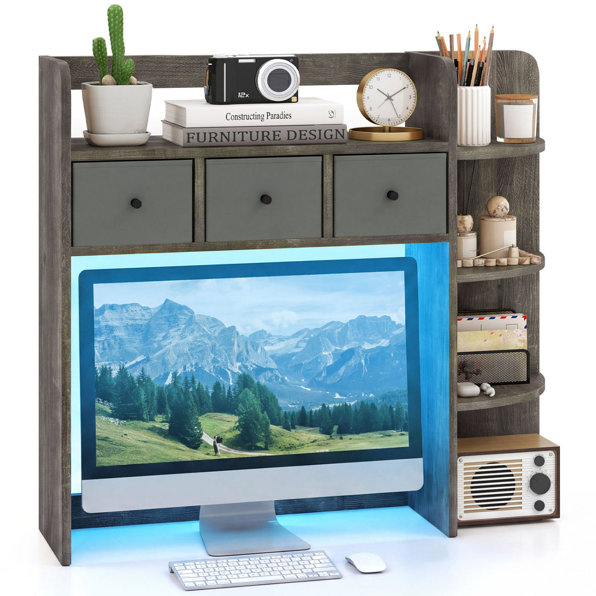 Desktop Bookshelf with LED Lights 5-Tier Shelves and 3 Drawers for Home Officce-Oak Gray view 4