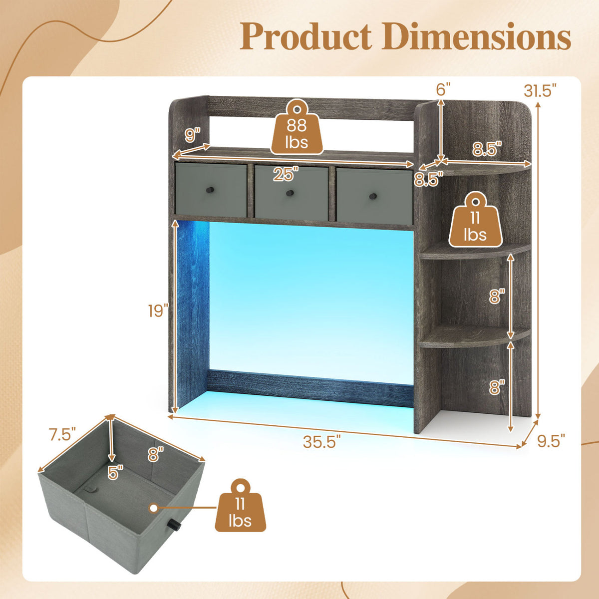 Desktop Bookshelf with LED Lights 5-Tier Shelves and 3 Drawers for Home Officce-Oak Gray view 5