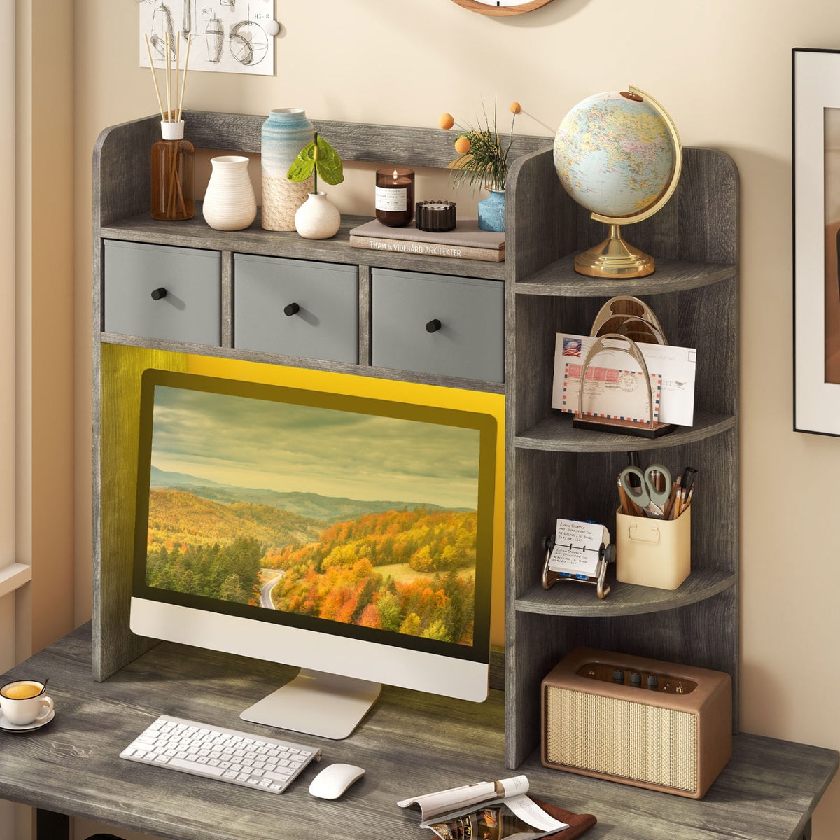 Desktop Bookshelf with LED Lights 5-Tier Shelves and 3 Drawers for Home Officce-Oak Gray view 6