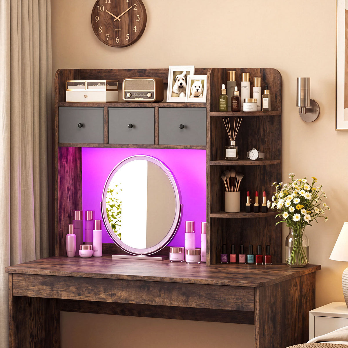 Desktop Bookshelf with LED Lights 5-Tier Shelves and 3 Drawers for Home Officce-Rustic Brown view 2