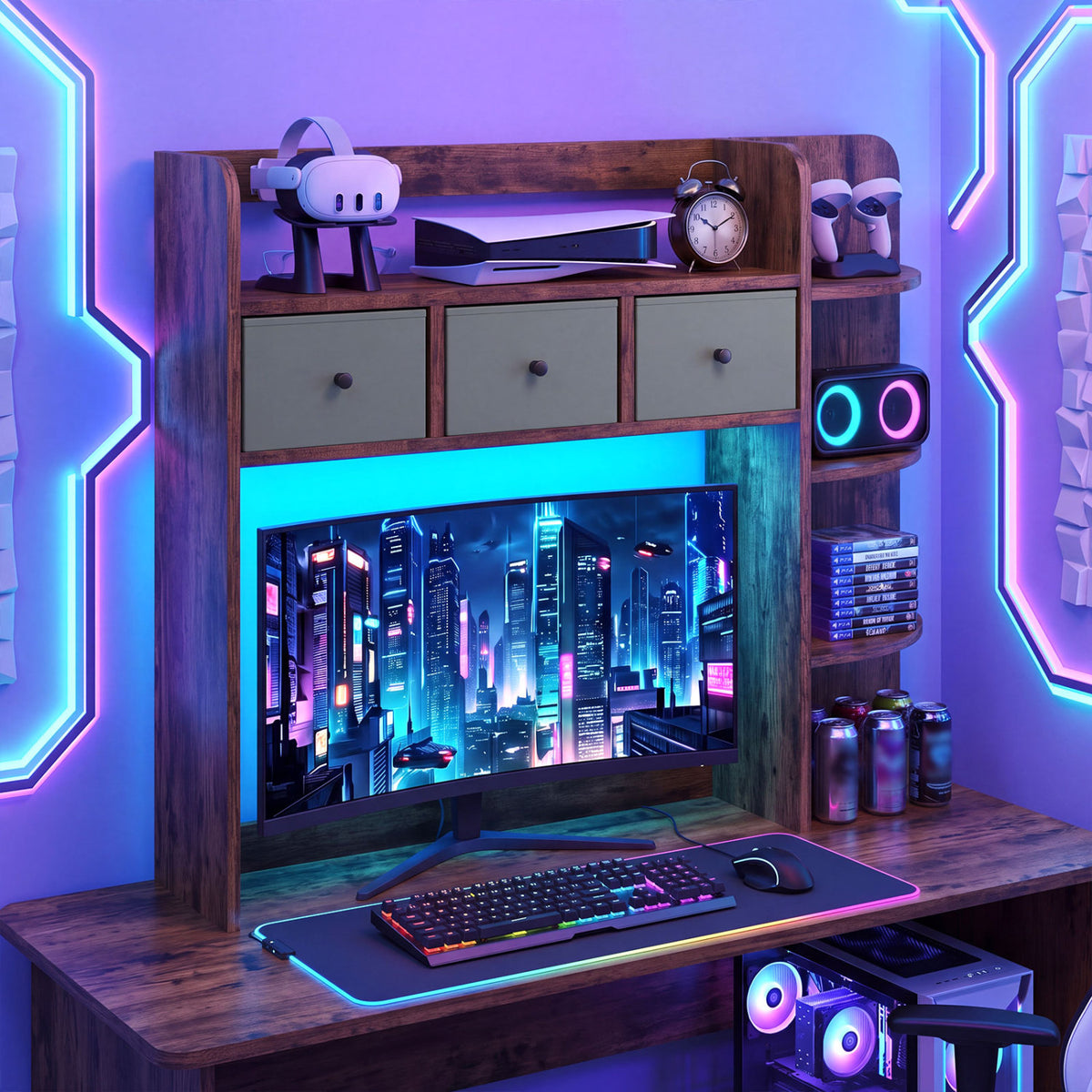 Desktop Bookshelf with LED Lights 5-Tier Shelves and 3 Drawers for Home Officce-Rustic Brown view 3