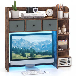 Desktop Bookshelf with LED Lights 5-Tier Shelves and 3 Drawers for Home Officce-Rustic Brown view 4