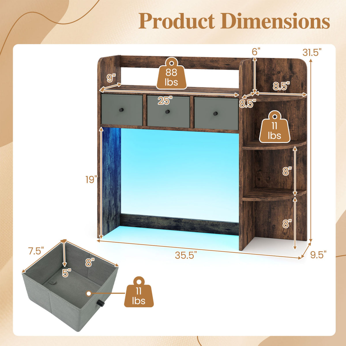 Desktop Bookshelf with LED Lights 5-Tier Shelves and 3 Drawers for Home Officce-Rustic Brown view 5