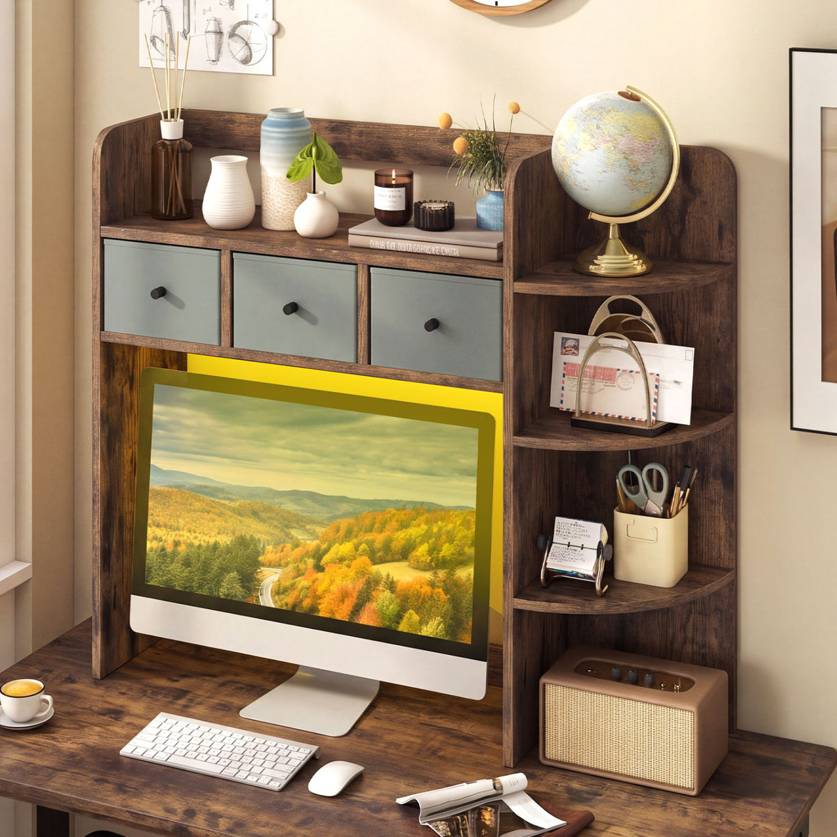 Desktop Bookshelf with LED Lights 5-Tier Shelves and 3 Drawers for Home Officce-Rustic Brown view 6