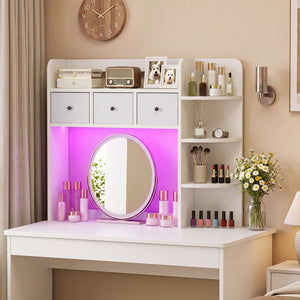 Desktop Bookshelf with LED Lights 5-Tier Shelves and 3 Drawers for Home Officce-White view 3