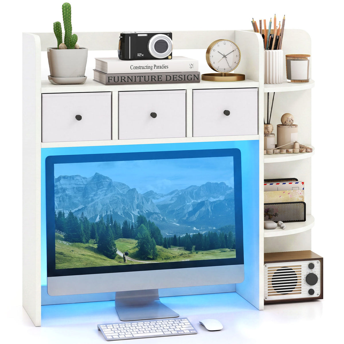 Desktop Bookshelf with LED Lights 5-Tier Shelves and 3 Drawers for Home Officce-White view 4