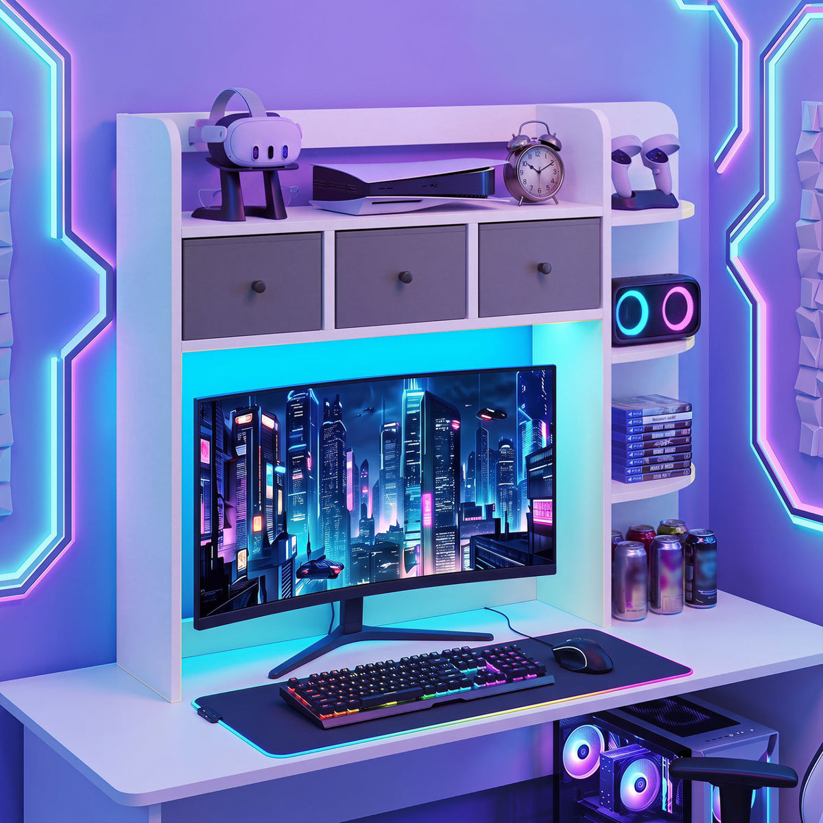 Desktop Bookshelf with LED Lights 5-Tier Shelves and 3 Drawers for Home Officce-White view 6