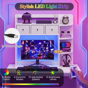 Desktop Bookshelf with LED Lights 5-Tier Shelves and 3 Drawers for Home Officce-White view 8
