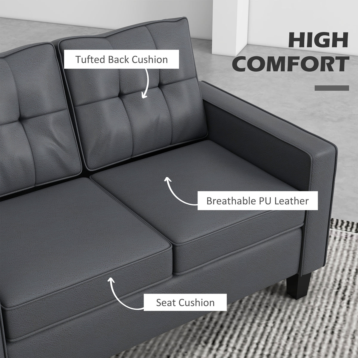 51" Double Sofa Couch, Upholstered PU Leather Loveseat with Armrests, Tufted Backrest, Cushion, Black – view 10