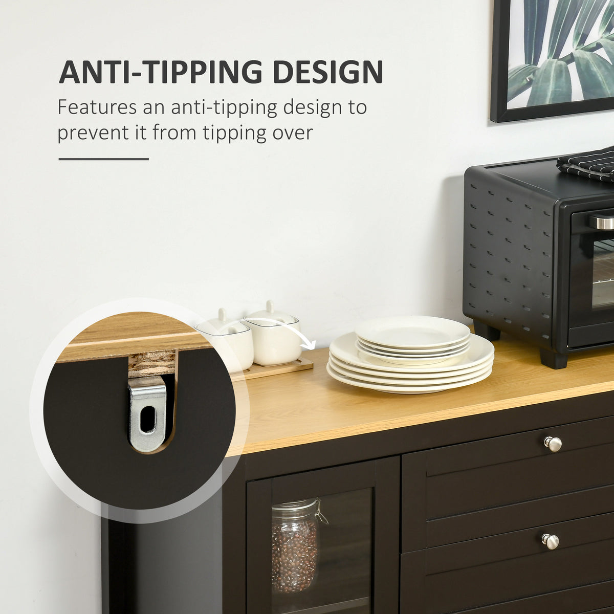 Buffet Cabinet Sideboard with 2 Drawers, 3 Storage Cabinets, Glass Doors and Adjustable Shelves, Dark Brown