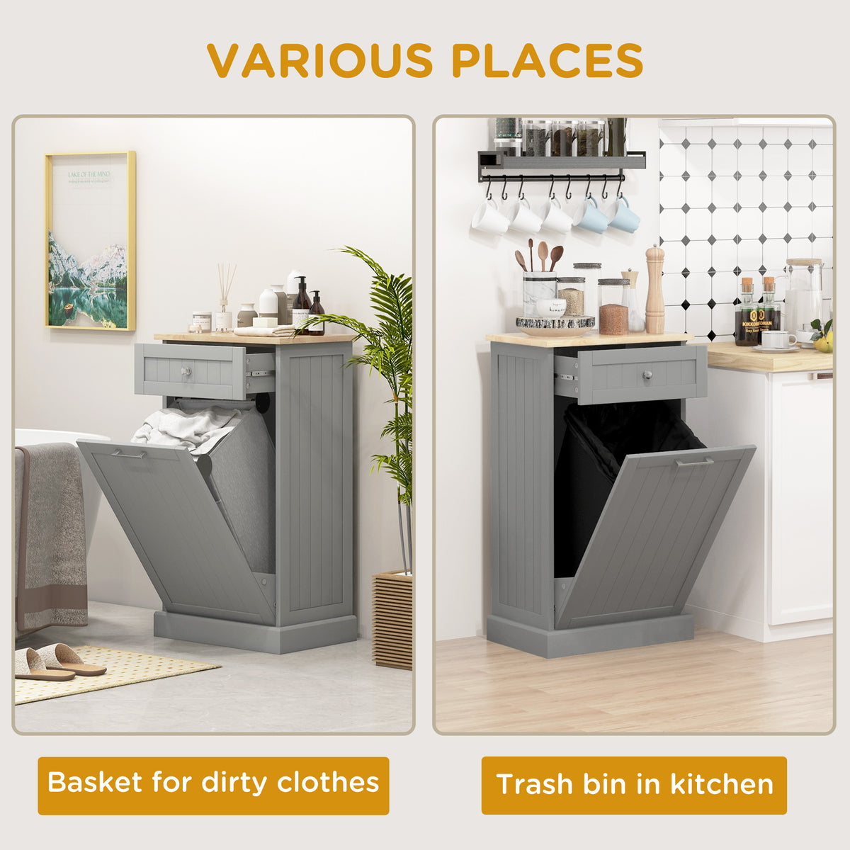 Kitchen Tilt Out Trash Bin Cabinet, Free Standing Recycling Cabinet, Trash Can Holder with Drawer, White – view 19