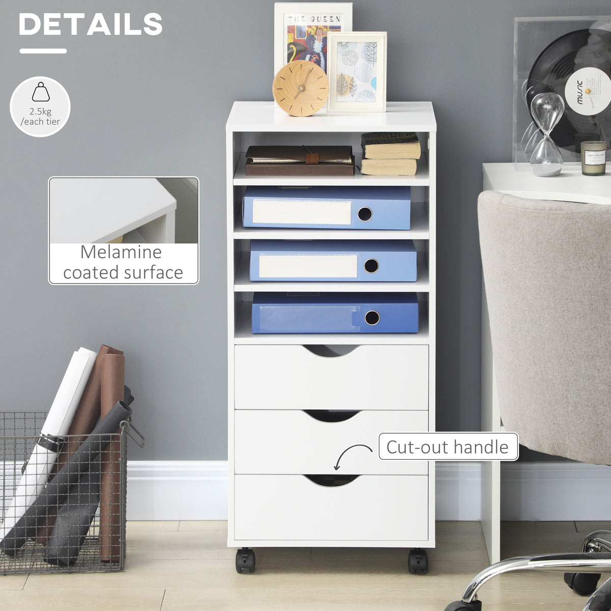 Vertical Filing Cabinet, Mobile File Cabinet on Wheels with 3 Drawers and 4 Open Shelves, Printer Stand with Lockable Casters for Home Office, White