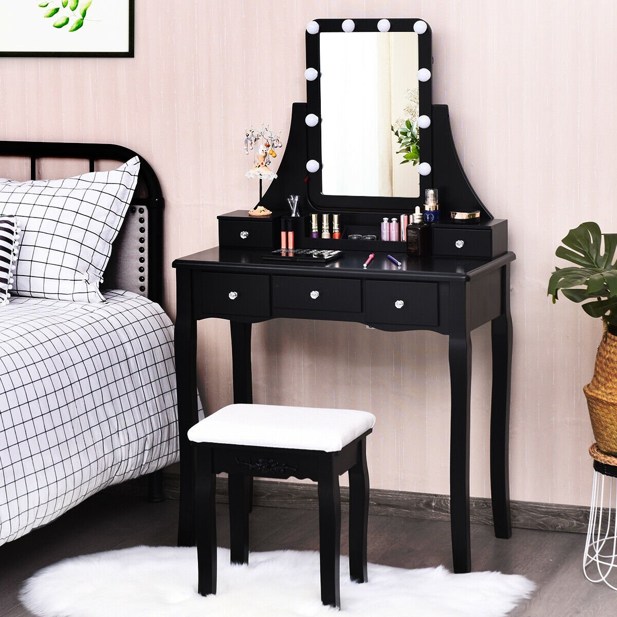 10 Dimmable Light Bulbs Vanity Dressing Table with 2 Dividers and Cushioned Stool-Black view 2