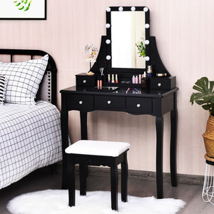 10 Dimmable Light Bulbs Vanity Dressing Table with 2 Dividers and Cushioned Stool-Black view 2