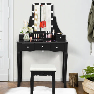 10 Dimmable Light Bulbs Vanity Dressing Table with 2 Dividers and Cushioned Stool-Black view 3
