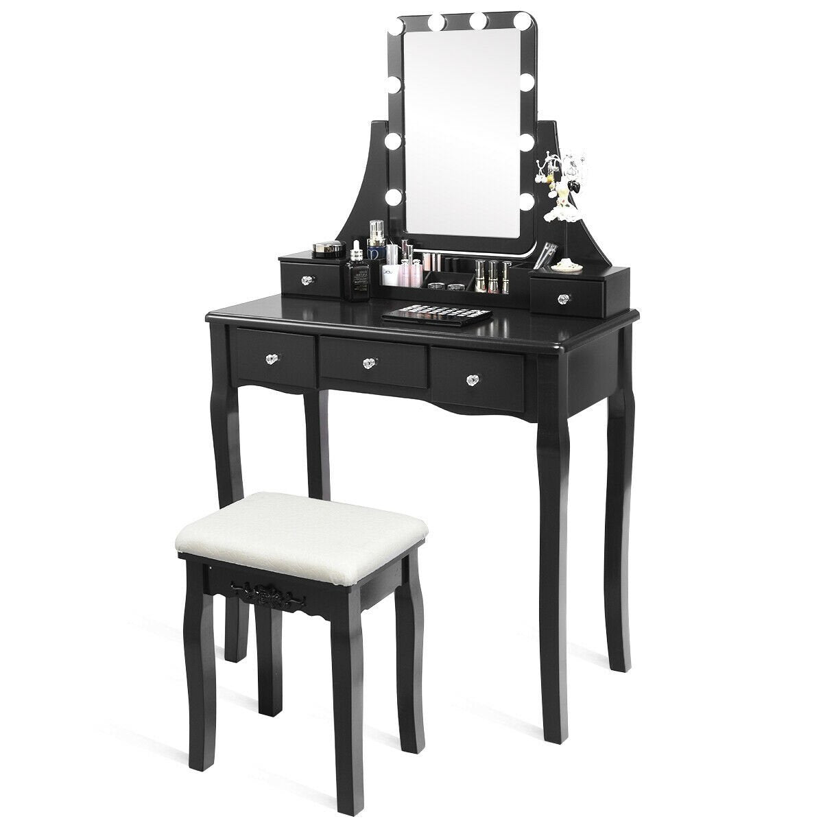 10 Dimmable Light Bulbs Vanity Dressing Table with 2 Dividers and Cushioned Stool-Black view 4